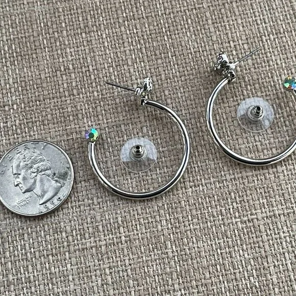 Guess Women Earrings Silver Tone Crystal Bow Hoops Jack Post New - Picture 6 of 11